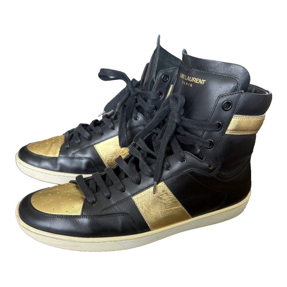 Saint Laurent SL/10H High Top Sneakers Men's 43 Black Gold Leather 345416 Italy